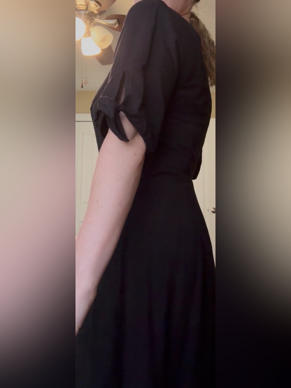Ann Taylor Black Midi Dress with Tie Sleeves rayon and linen blend - Picture 7 of 9